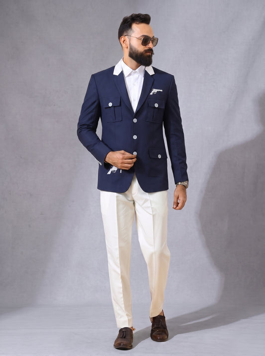 CLUB AK Men's Blazer with Gun Embroidery | Premium Party Wear Coat