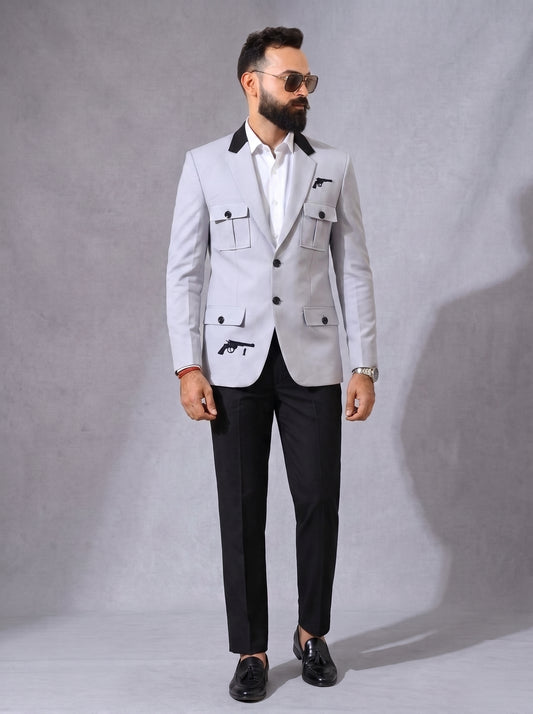 CLUB AK Men's Blazer with Gun Embroidery | Premium Party Wear Coat