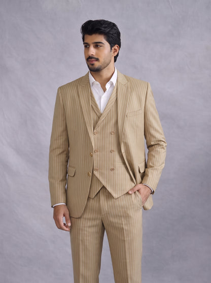 Club AK Premium Beige Pinstripe Party Wear Suit for Men