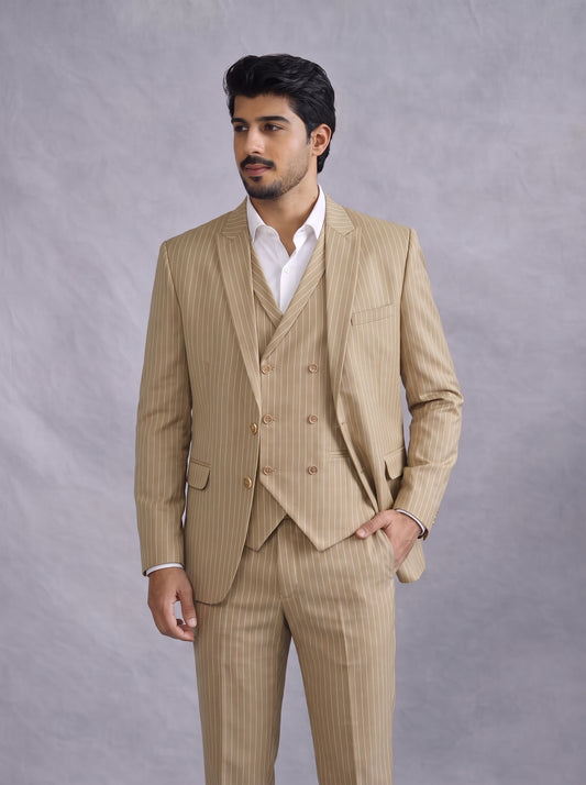Club AK Premium Beige Pinstripe Party Wear Suit for Men