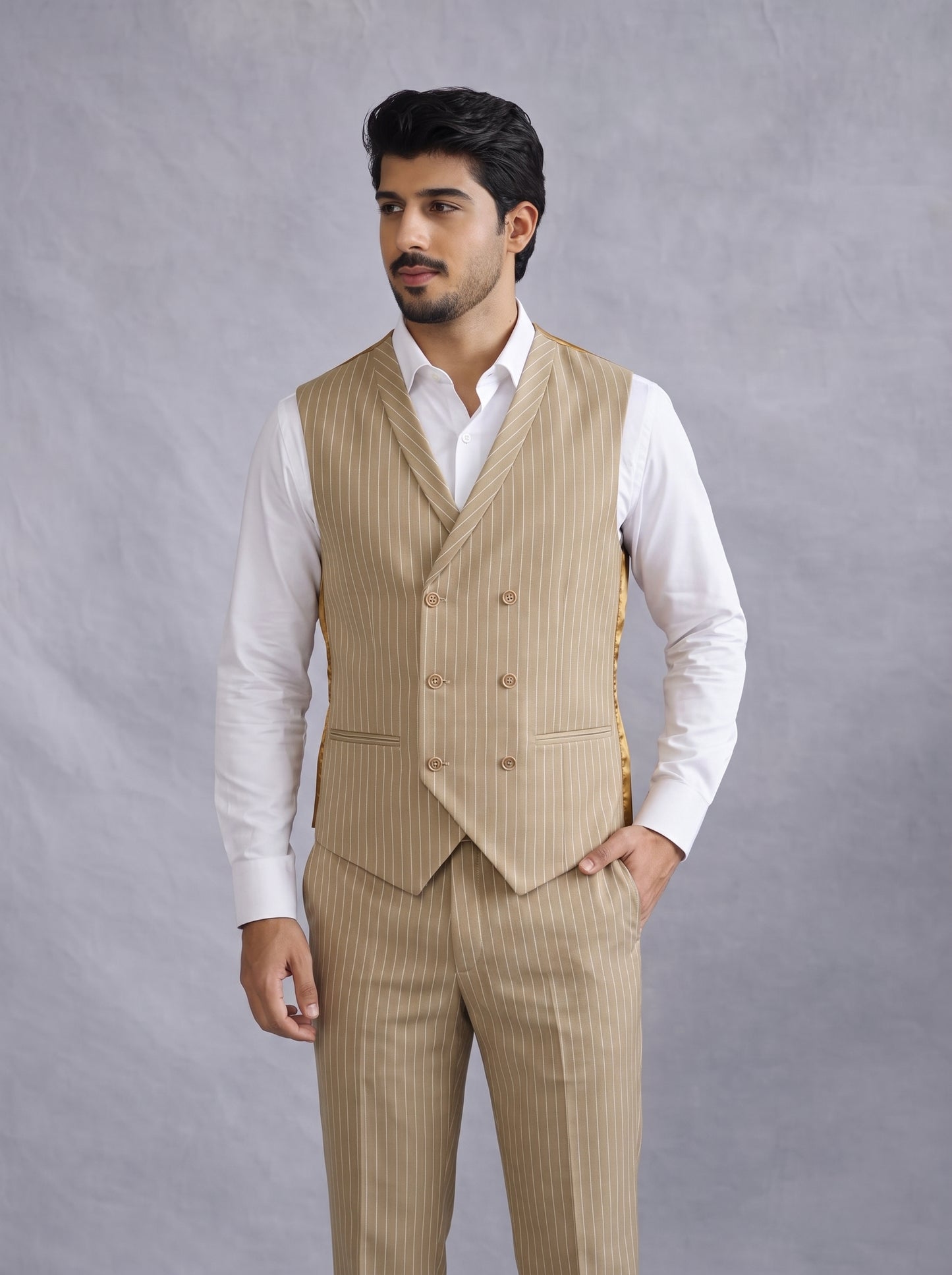 Club AK Premium Beige Pinstripe Party Wear Suit for Men