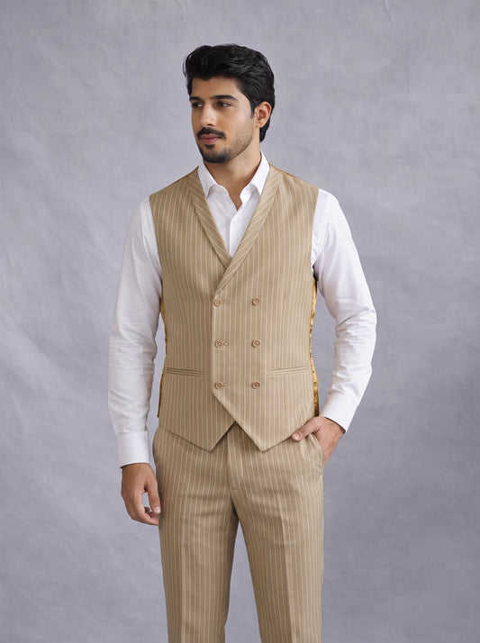 Club AK Premium Beige Pinstripe Party Wear Suit for Men