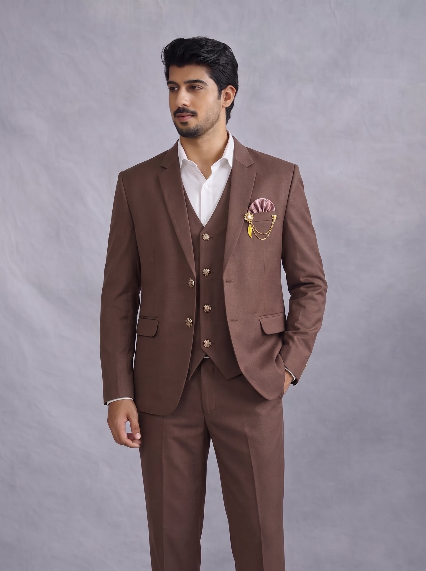 Club AK Men's Premium Coffee Brown Three Piece Suit Set for Wedding, Reception & Party Wear