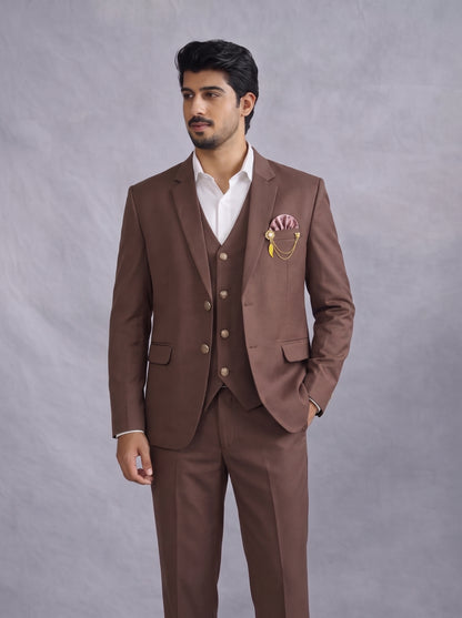 Club AK Men's Premium Coffee Brown Three Piece Suit Set for Wedding, Reception & Party Wear