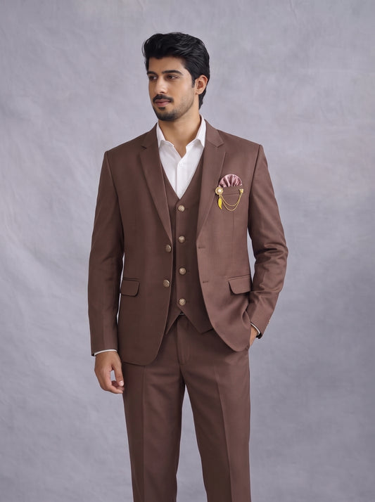 Club AK Men's Premium Coffee Brown Three Piece Suit Set for Wedding, Reception & Party Wear