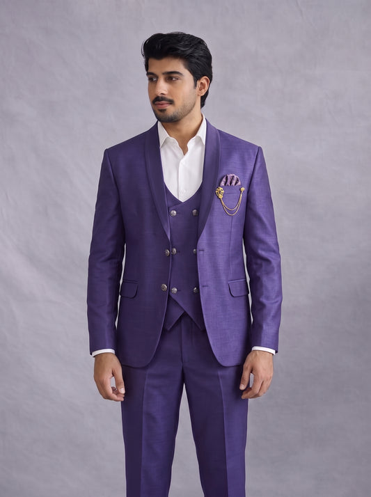 Club AK Men's Premium Royal Purple Three Piece Suit Set for Wedding, Reception & Party Wear
