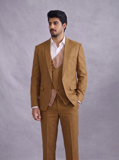 Club AK Men's Premium Camel Brown Three Piece Suit Set with Designer for Wedding, Reception & Party Wear