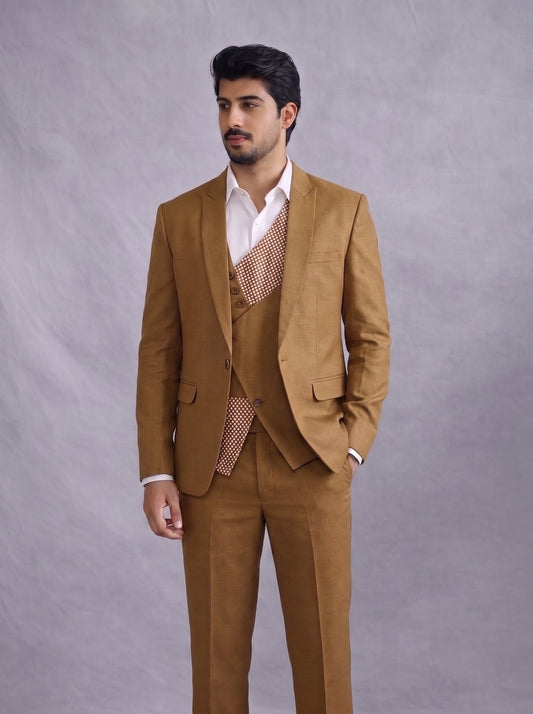 Club AK Men's Premium Camel Brown Three Piece Suit Set with Designer for Wedding, Reception & Party Wear