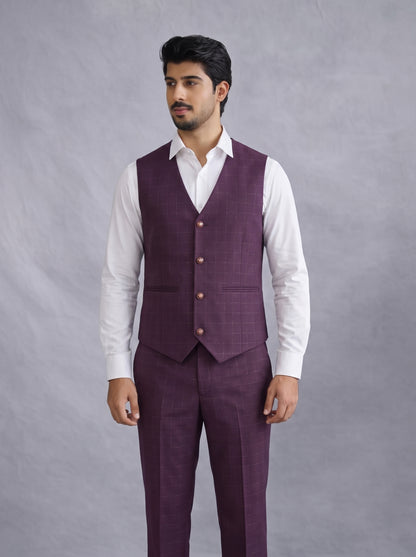 Club AK Men's Premium Wine Checkered Three Piece Suit Set for Wedding, Reception & Party Wear