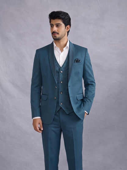 Club AK Men's Premium Teal Blue Three Piece Suit Set for Wedding, Reception & Party Wear