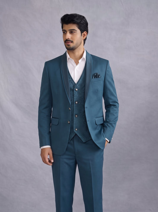 Club AK Men's Premium Teal Blue Three Piece Suit Set for Wedding, Reception & Party Wear