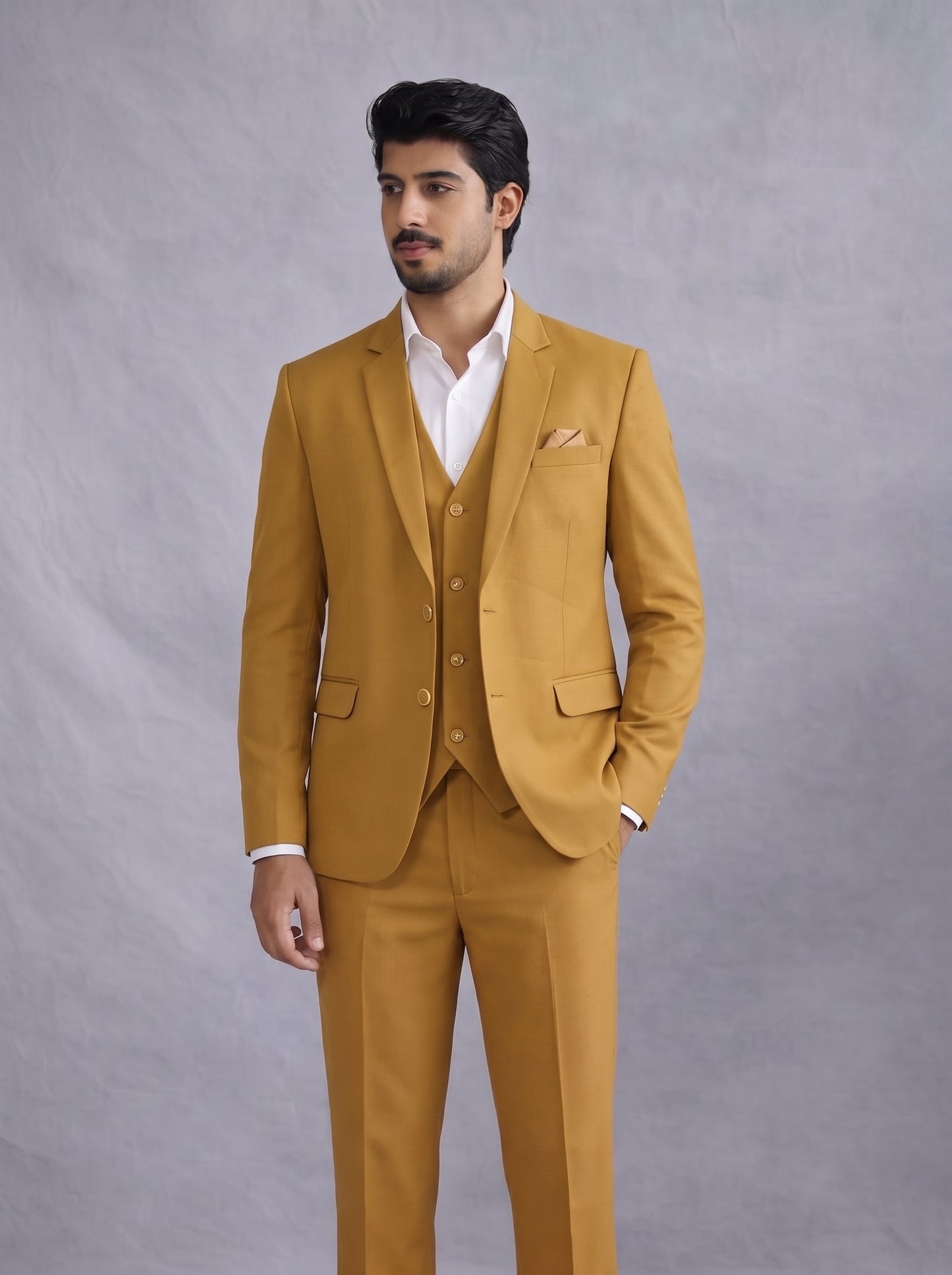 Club AK Men’s Modern Mustard Yellow Three Piece Suit for Groom & Reception Wear