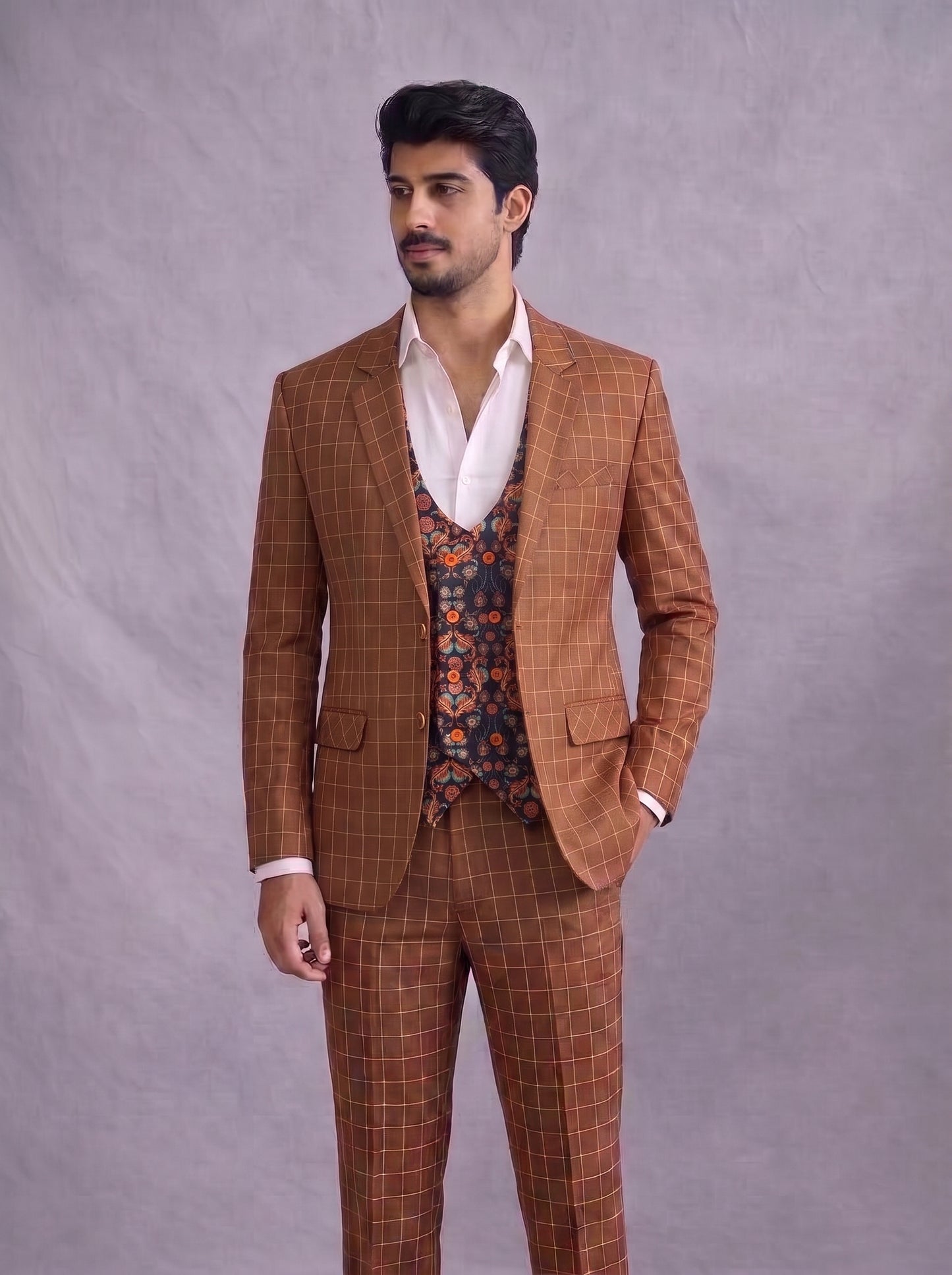 Club AK Men’s Elegant Brown Checkered 3-Piece Suit for Wedding & Reception