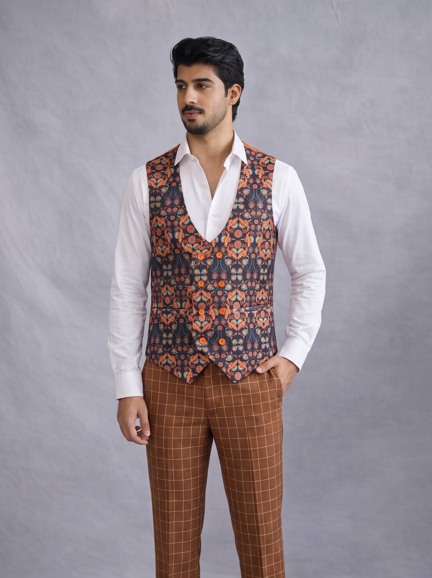 Club AK Men’s Elegant Brown Checkered 3-Piece Suit for Wedding & Reception