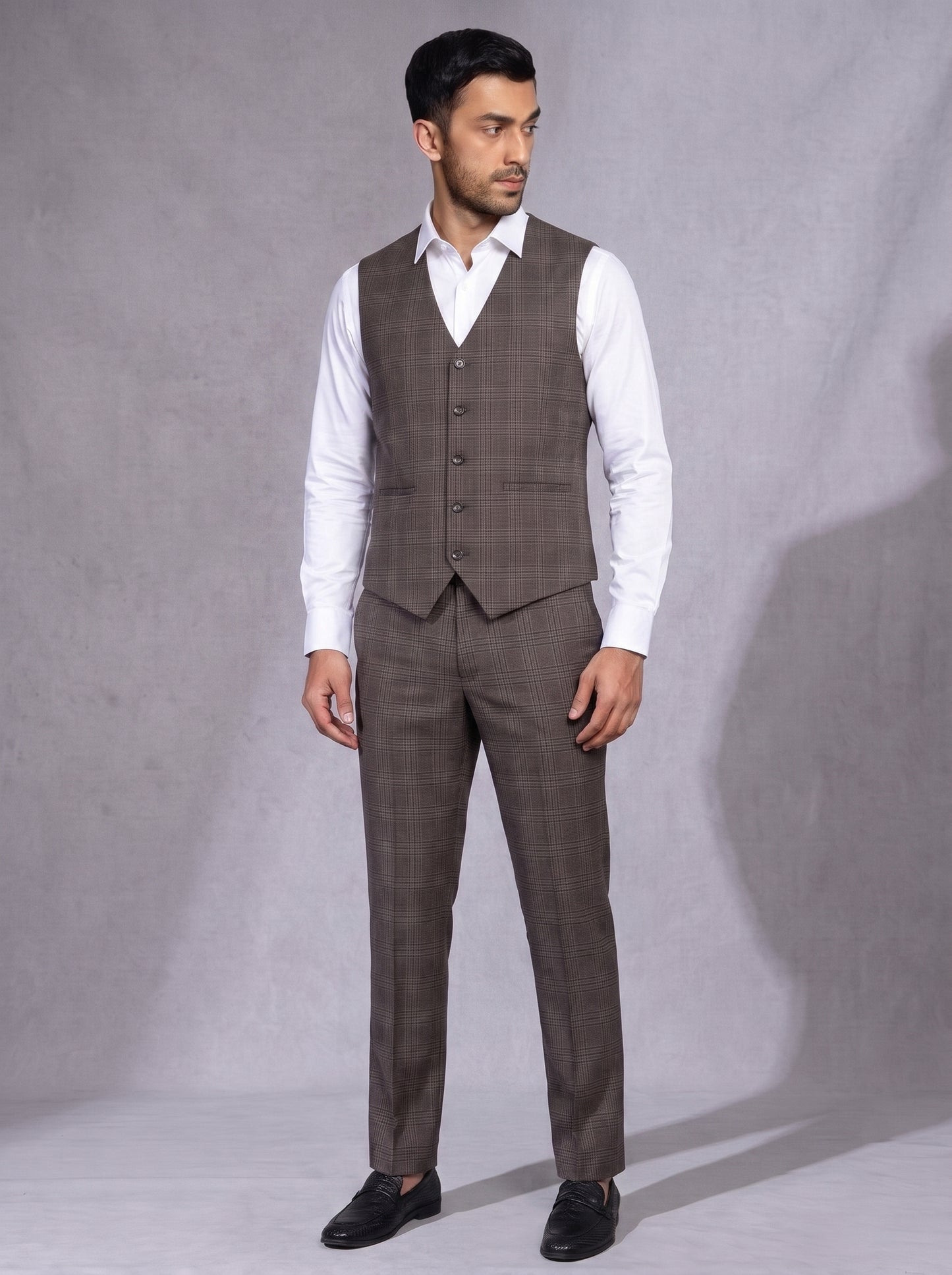 Club AK Men’s Premium Brown Checked Three Piece Suit for Wedding & Reception