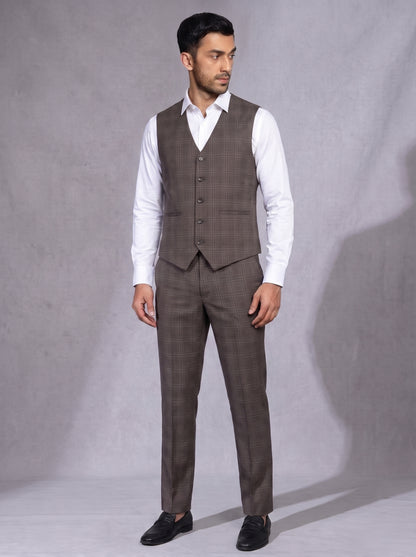 Club AK Men’s Premium Brown Checked Three Piece Suit for Wedding & Reception