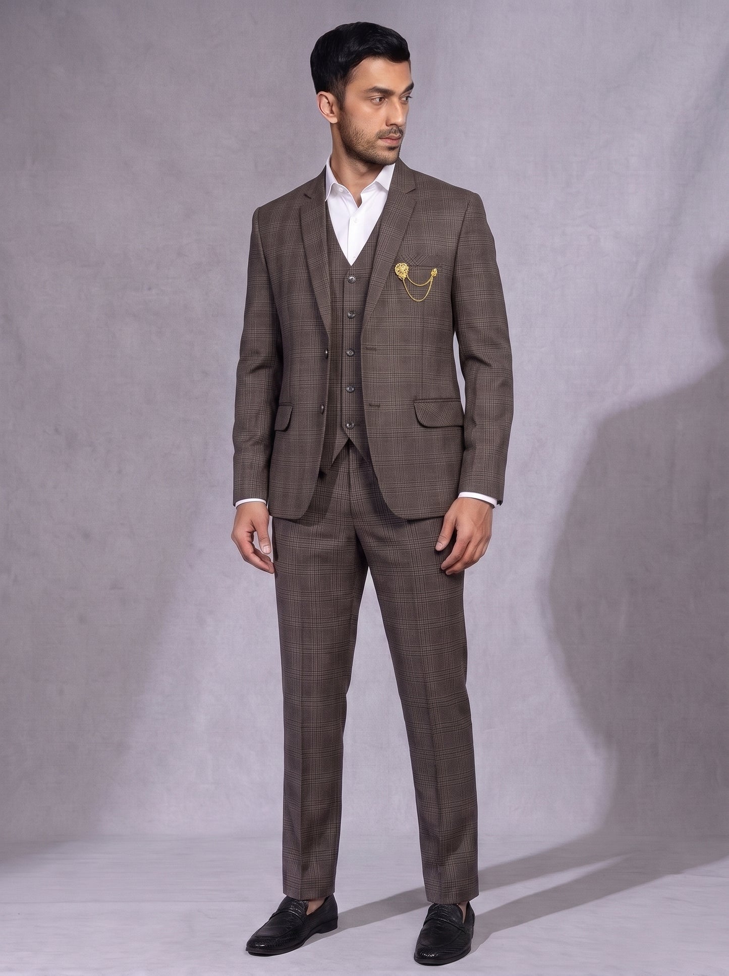 Club AK Men’s Premium Brown Checked Three Piece Suit for Wedding & Reception
