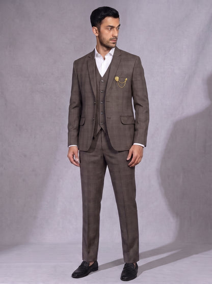 Club AK Men’s Premium Brown Checked Three Piece Suit for Wedding & Reception