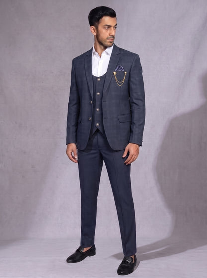 CLUB AK Men's Premium Navy Blue Three-Piece Suit Set for Men s Wedding, Reception & Party Wear Formal Suit