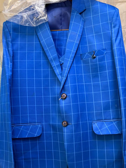 Club AK Men's Premium Royal Blue Checkered 3 Piece Suit for Men