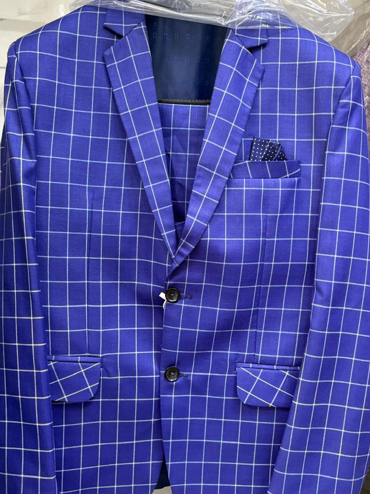 Club AK Men's Royal Blue Checked 3 Piece Suit Set