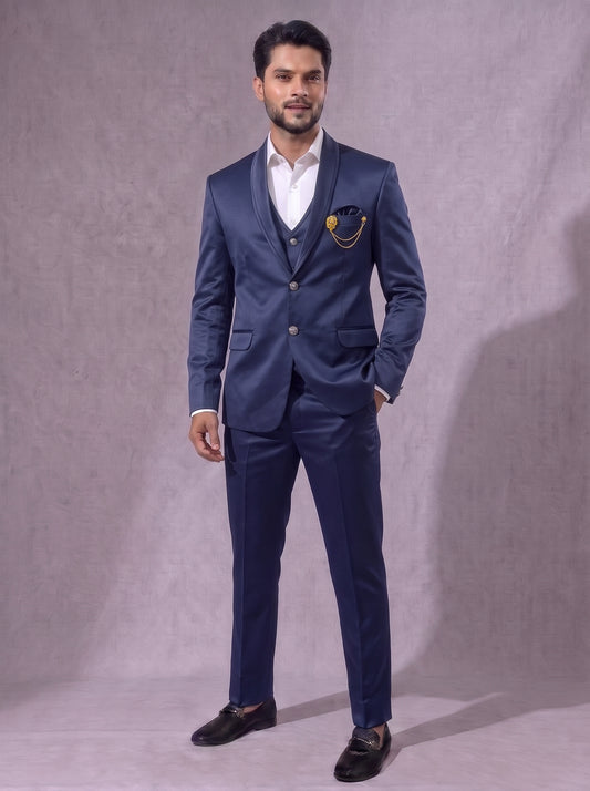 CLUB AK Men’s Stylish Navy Blue Wedding Party Wear Three Piece Suit Set