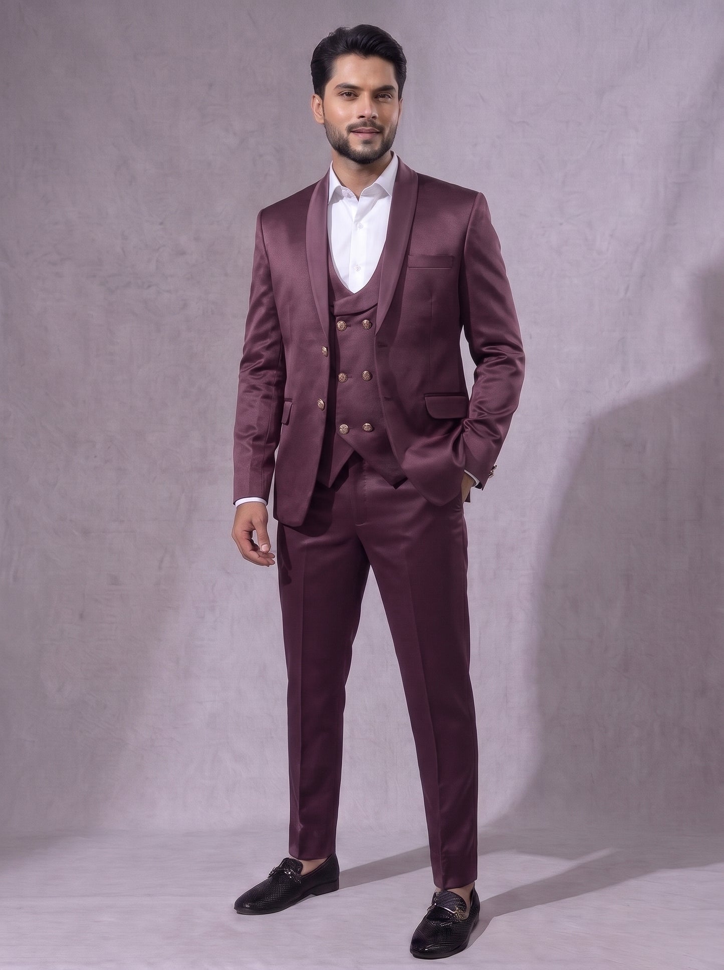 Club AK Men's Wine Maroon Three Piece Suit Set