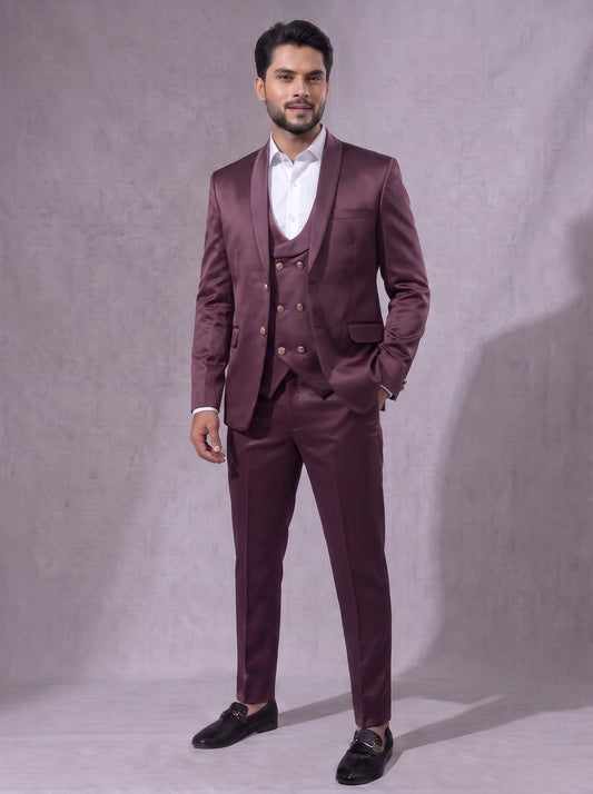 Club AK Men's Wine Maroon Three Piece Suit Set