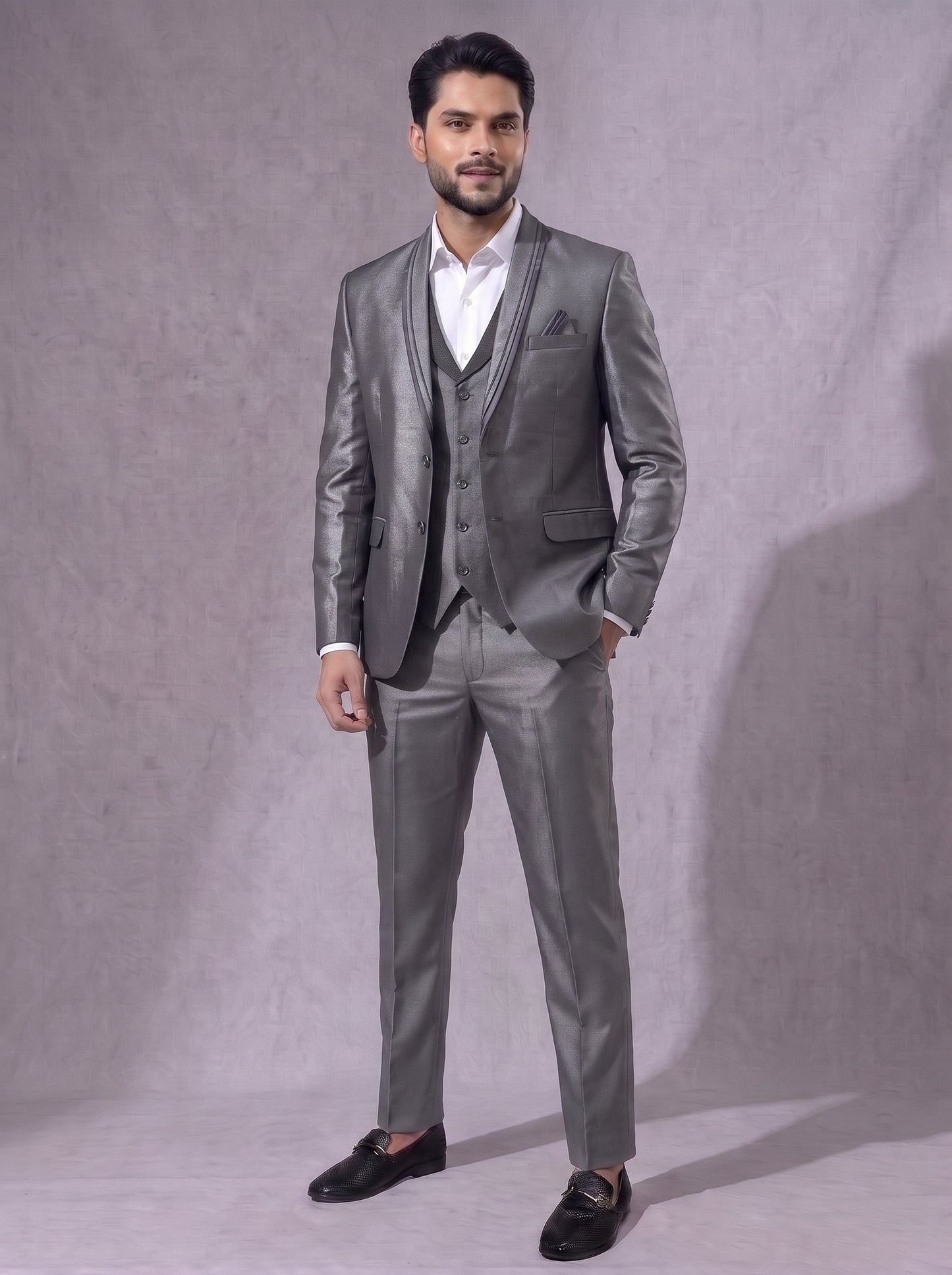 Club AK Men's Metallic Silver Grey Three Piece Suit Set