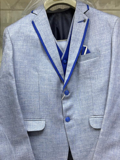 Club AK Men's Light Grey Three Piece Suit with Royal Blue Waistcoat