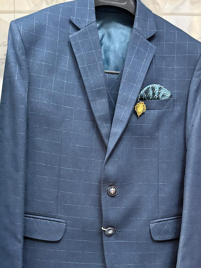 Club AK Men's Steel Blue Check Three Piece Suit