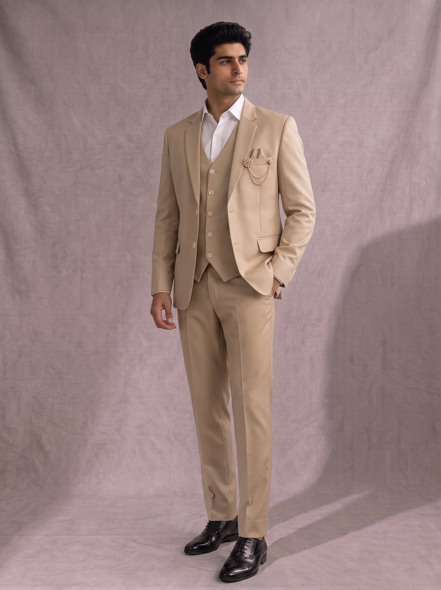 Club AK Men's Beige 3 Piece Formal Suit | Premium Wedding, Reception & Groom Wear