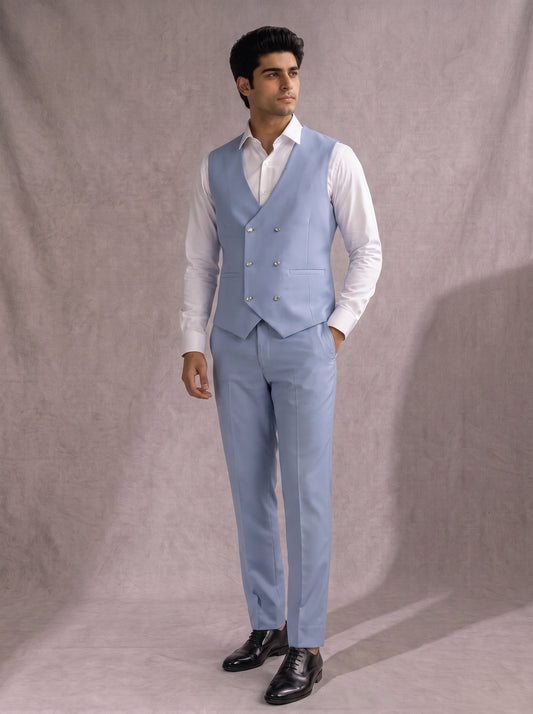 CLUB AK Men's Premium Sky Blue Three-Piece Suit for Men | Designer Groom & Party Wear