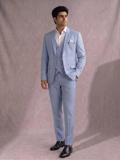 CLUB AK Men's Premium Sky Blue Three-Piece Suit for Men | Designer Groom & Party Wear