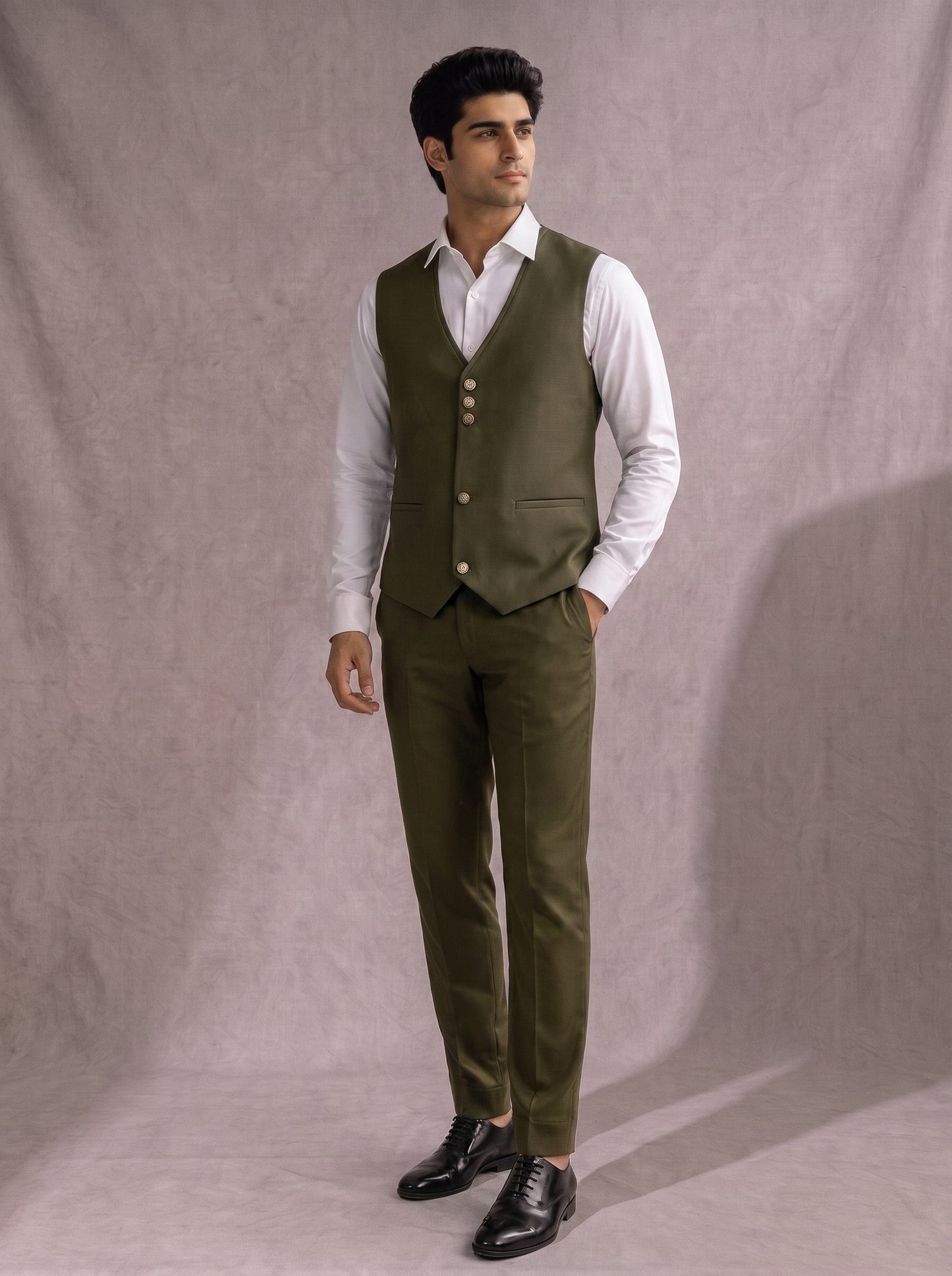 CLUB AK Men's Premium Olive Green Three-Piece Suit | Reception & Party Wear