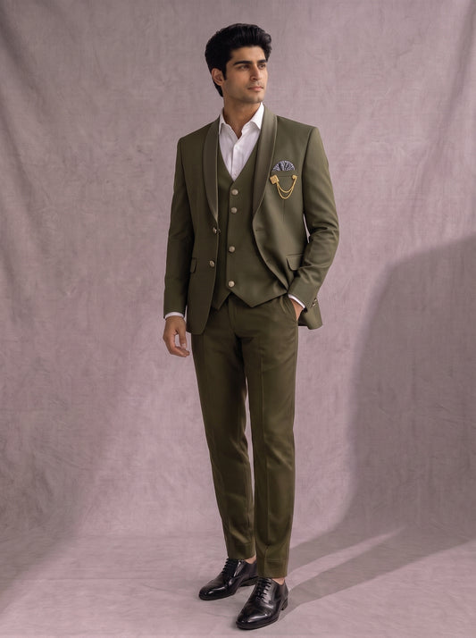 CLUB AK Men's Premium Olive Green Three-Piece Suit | Reception & Party Wear