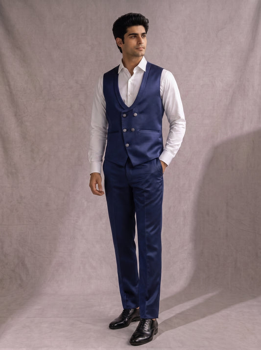 CLUB AK Men's Premium Royal Blue Embroidered Three-Piece Suit for Men | Luxury Groom & Reception Wear