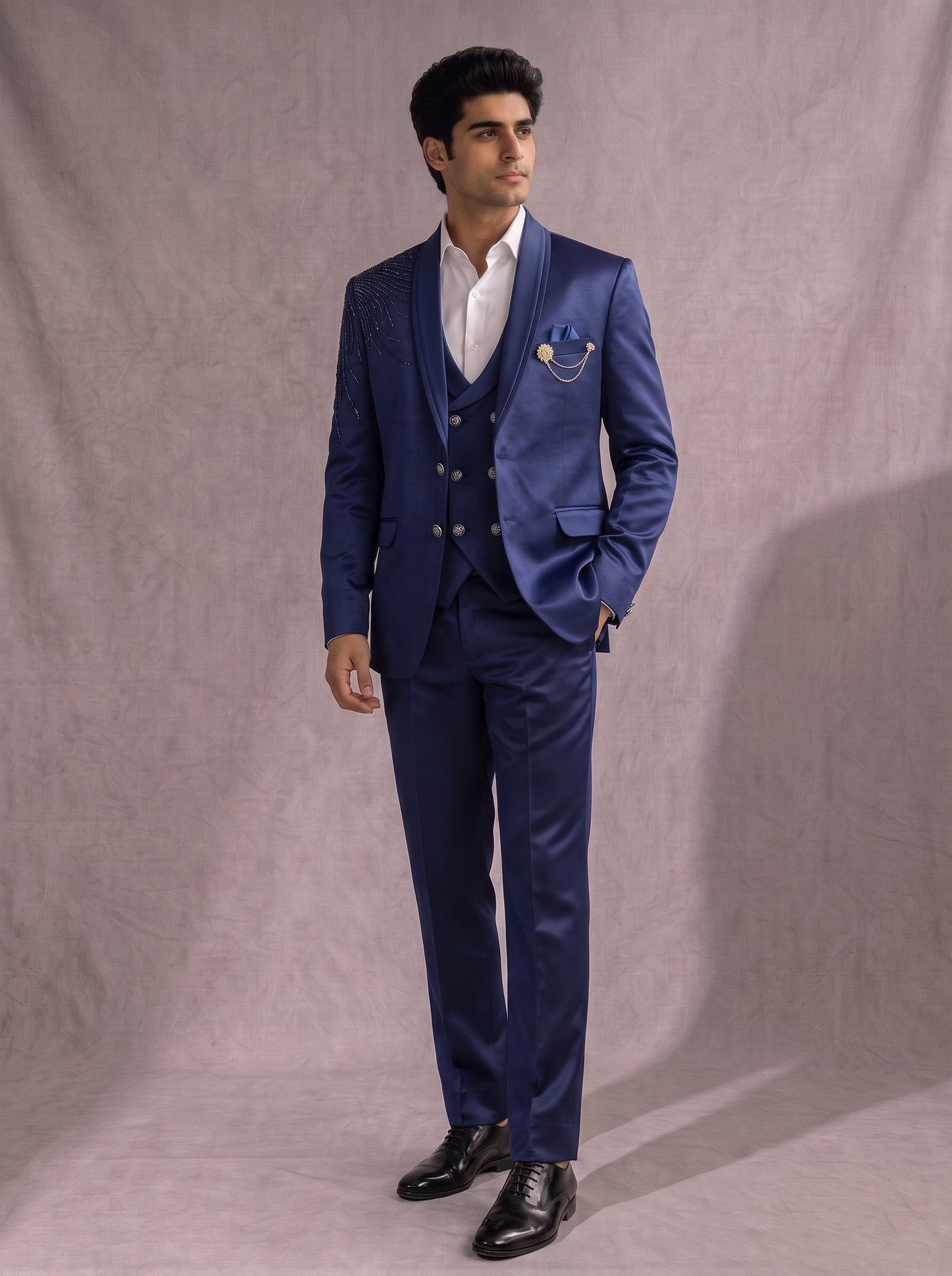 CLUB AK Men's Premium Royal Blue Embroidered Three-Piece Suit for Men | Luxury Groom & Reception Wear