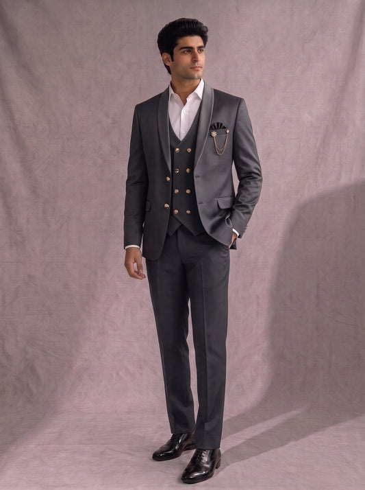 CLUB AK Men's Luxury Grey Suit for Men | Stylish Party Wear Three-Piece Set