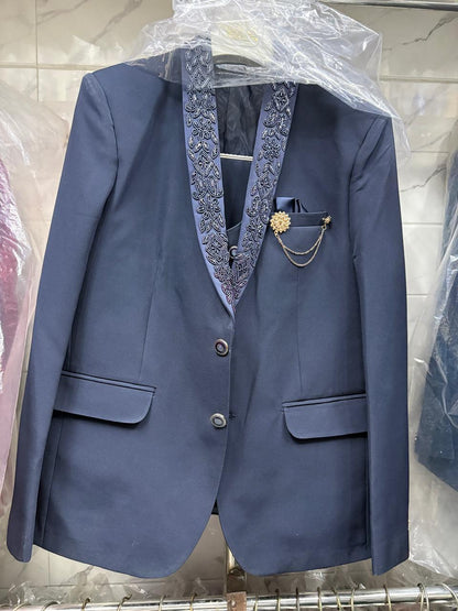 Club AK Men’s Premium Steel Blue Embroidered Tuxedo Three Piece Suit