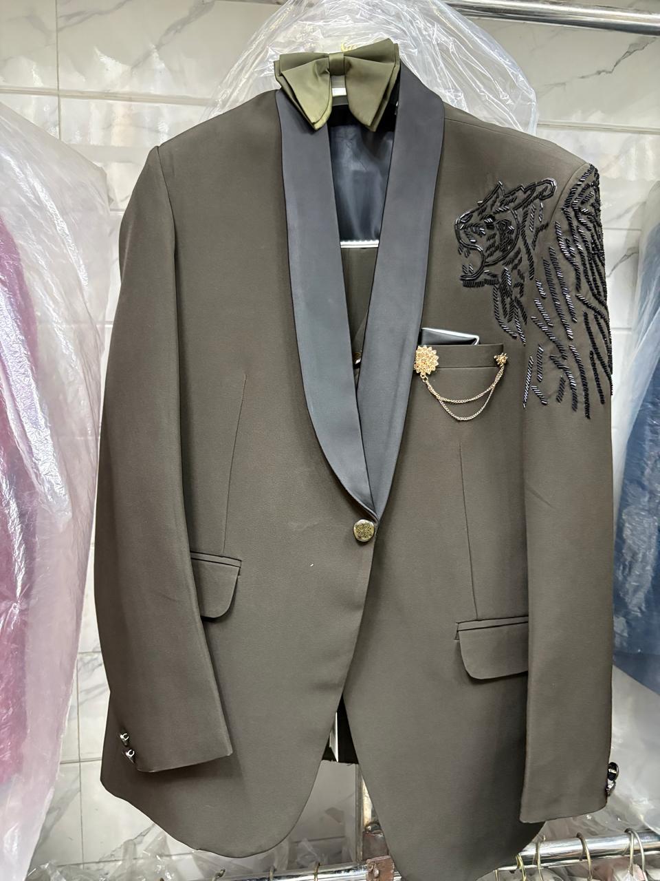 Club AK Men’s Premium Olive Green Embroidered Three Piece Tuxedo Suit