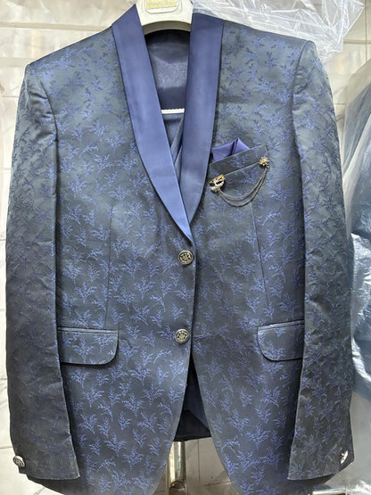 Club AK Men’s Premium Navy Blue Jacquard Three Piece Tuxedo Suit