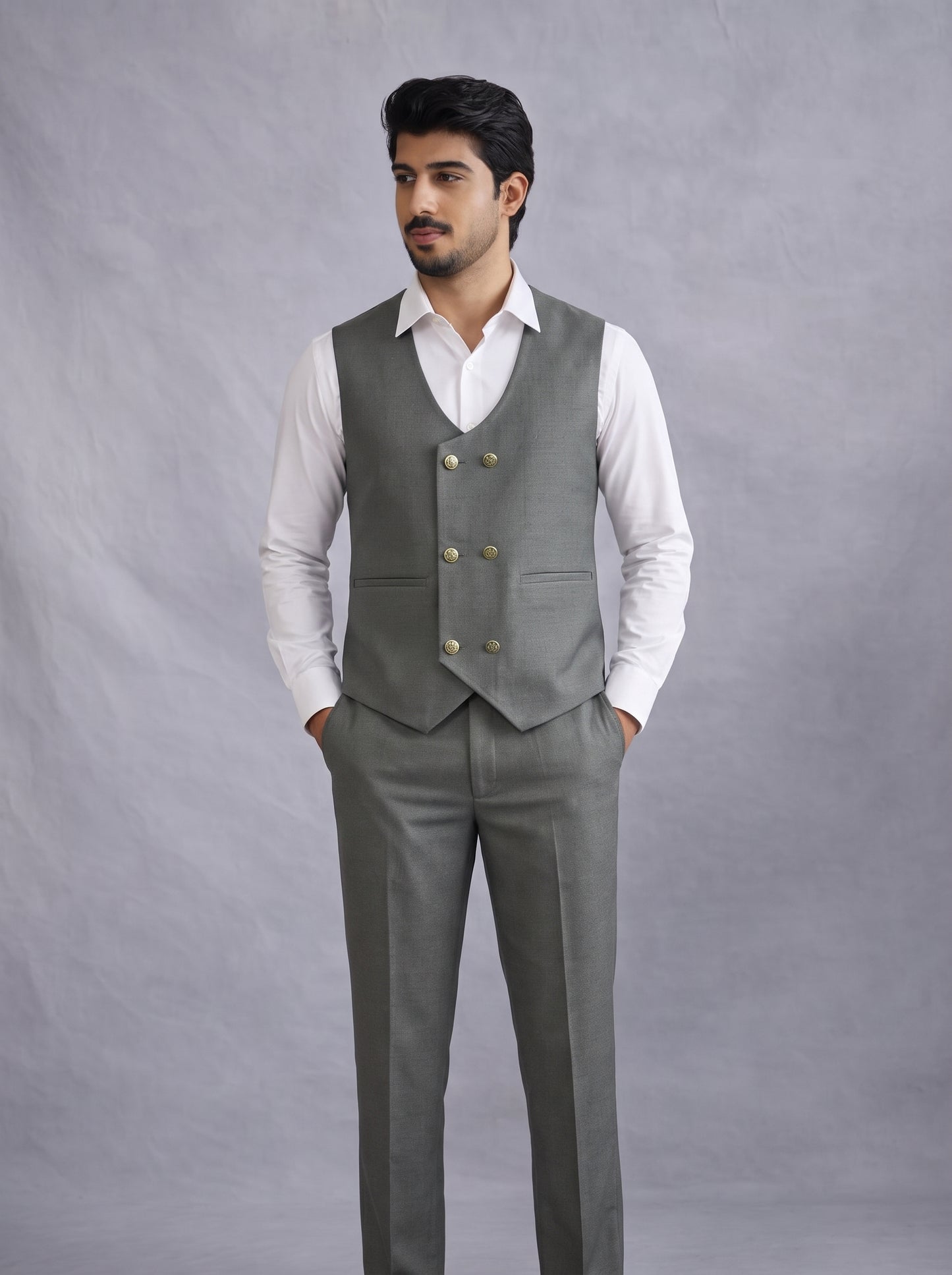 CLUB AK Men's Olive Grey Double Breasted Three Piece Suit for Men | Luxury Wedding Wear