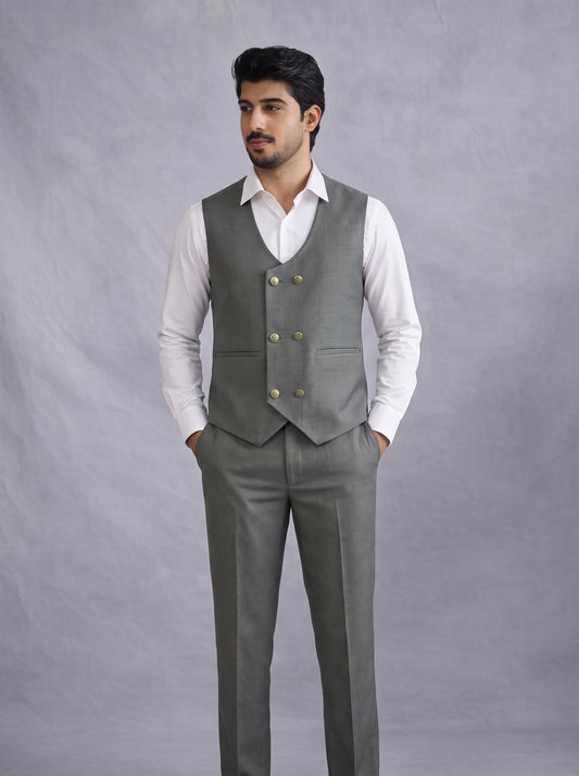 CLUB AK Men's Olive Grey Double Breasted Three Piece Suit for Men | Luxury Wedding Wear