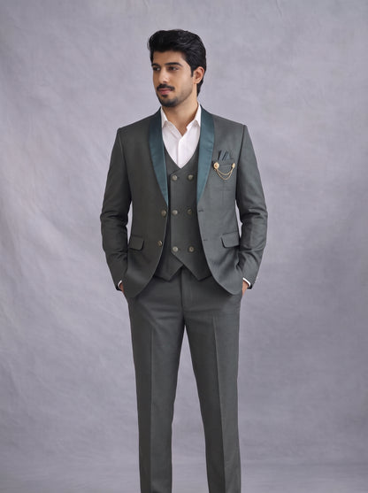 CLUB AK Men's Olive Grey Double Breasted Three Piece Suit for Men | Luxury Wedding Wear