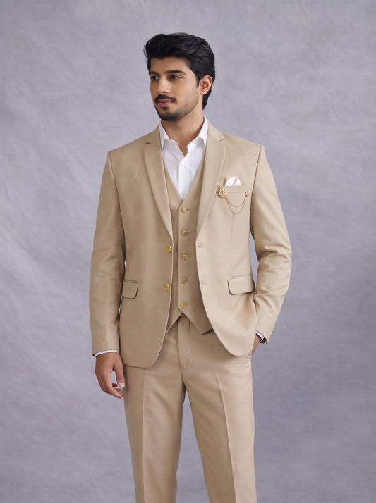 CLUB AK Men's Beige Three Piece Suit for Men | Premium Formal Wedding & Party Wear suit  Set
