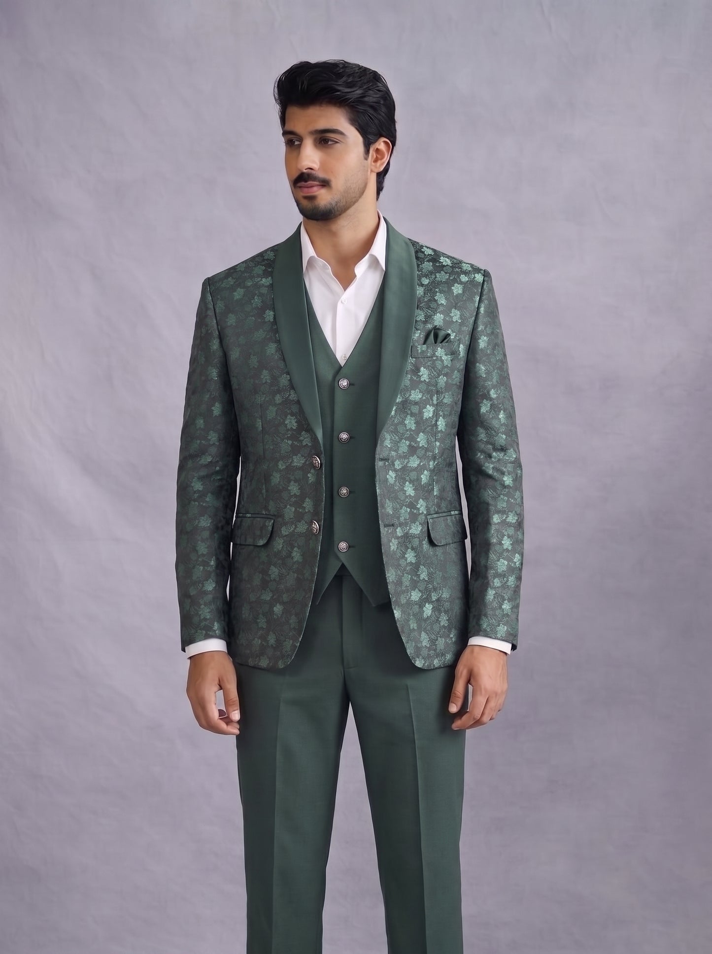 CLUB AK Men's Emerald Green Floral Designer Three Piece Suit for Men | Luxury Wedding & Reception Wear