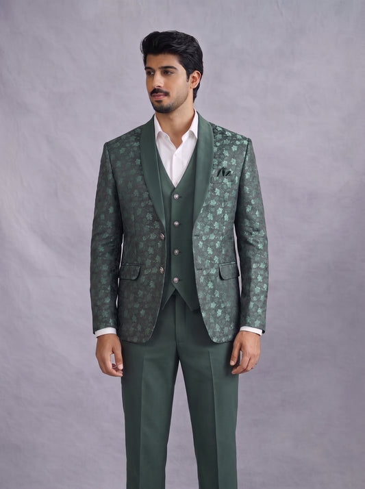 CLUB AK Men's Emerald Green Floral Designer Three Piece Suit for Men | Luxury Wedding & Reception Wear