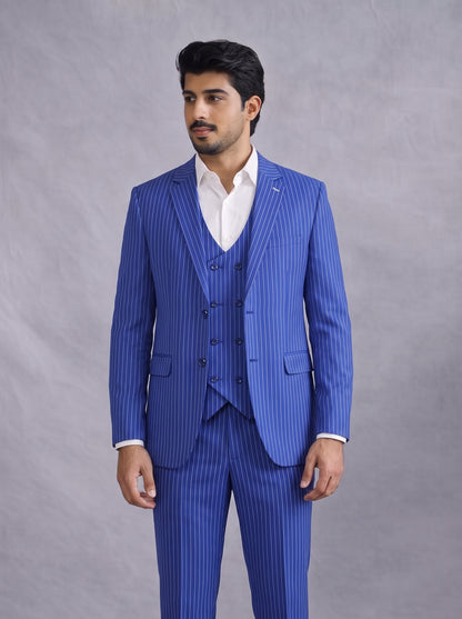 CLUB AK Men's Royal Blue Pinstripe Three Piece Suit for Men | Premium Wedding & Party Wear suit Set