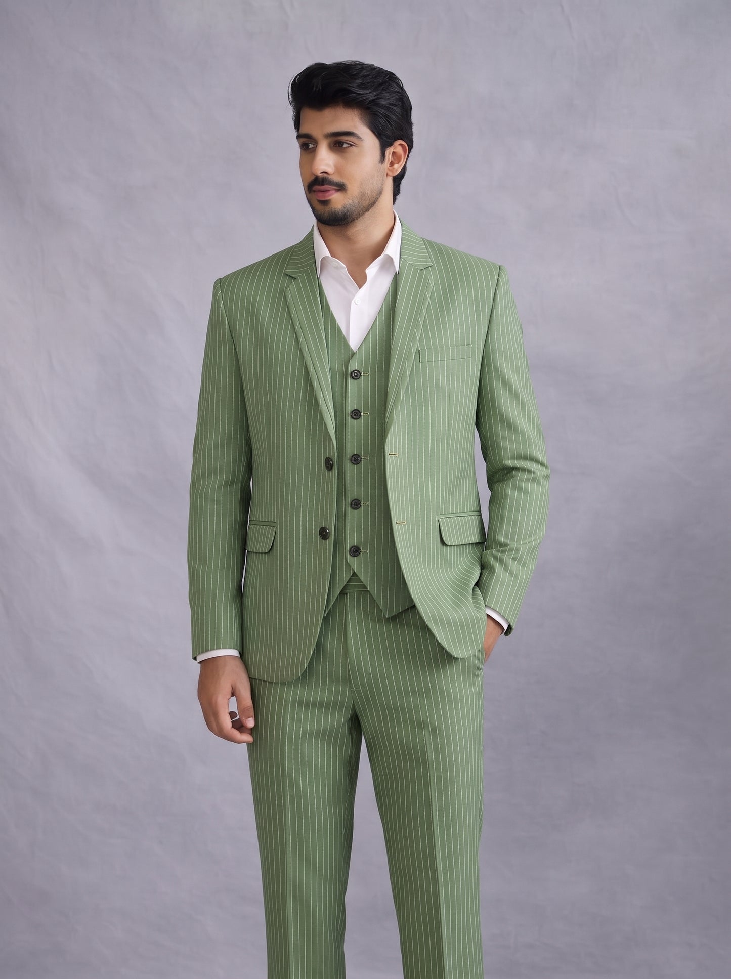 Club AK Men's Sage Green Pinstripe 3-Piece Suit | Premium Formal Wedding & Party Wear